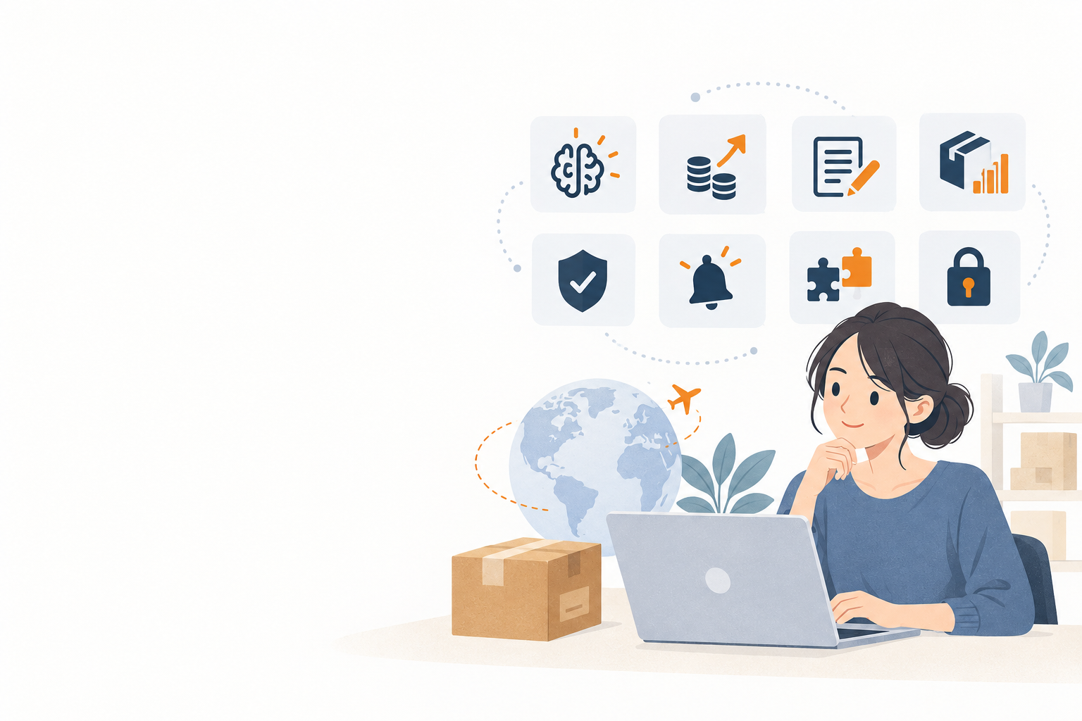 AIや配送などの設定を整理しながら、パソコンで越境ECの運用をする人のイラスト